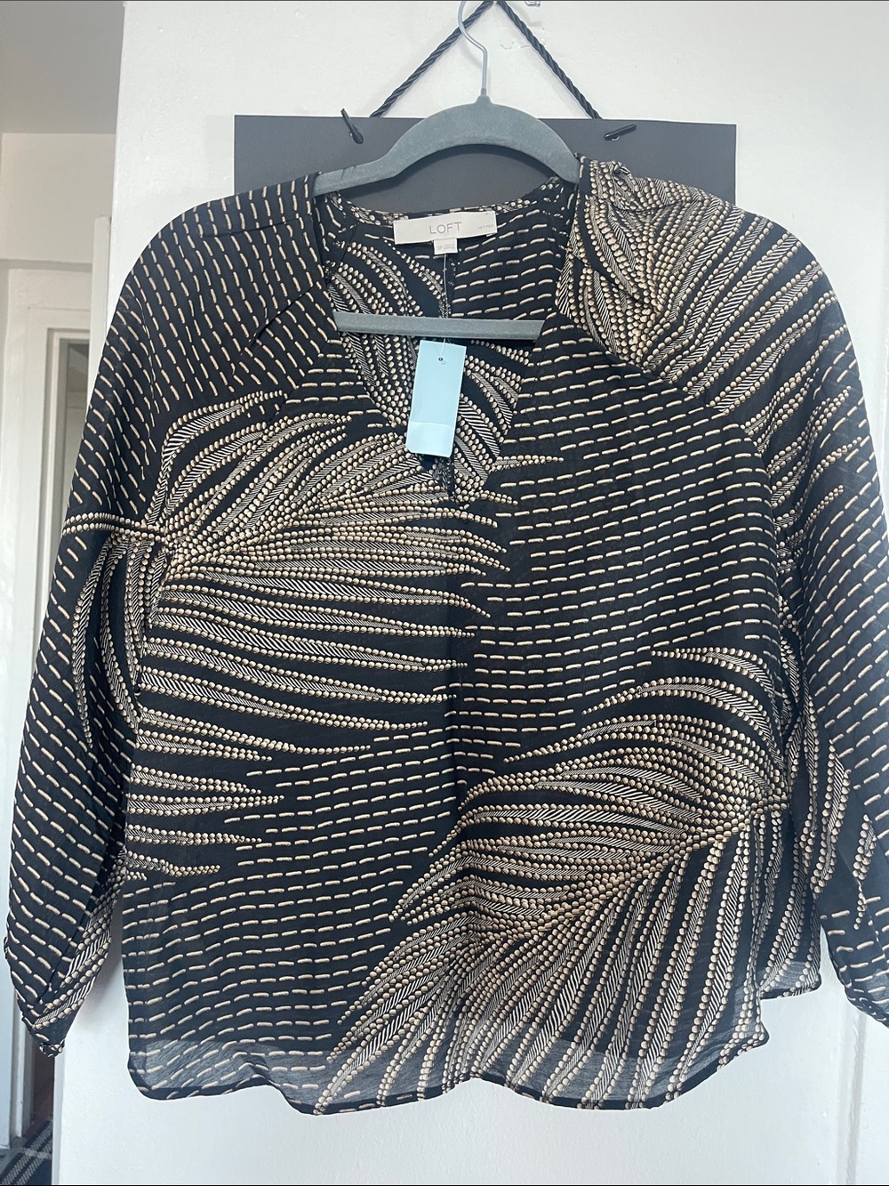 LOFT Black Blouse with Cream Wave Print - Women's Top